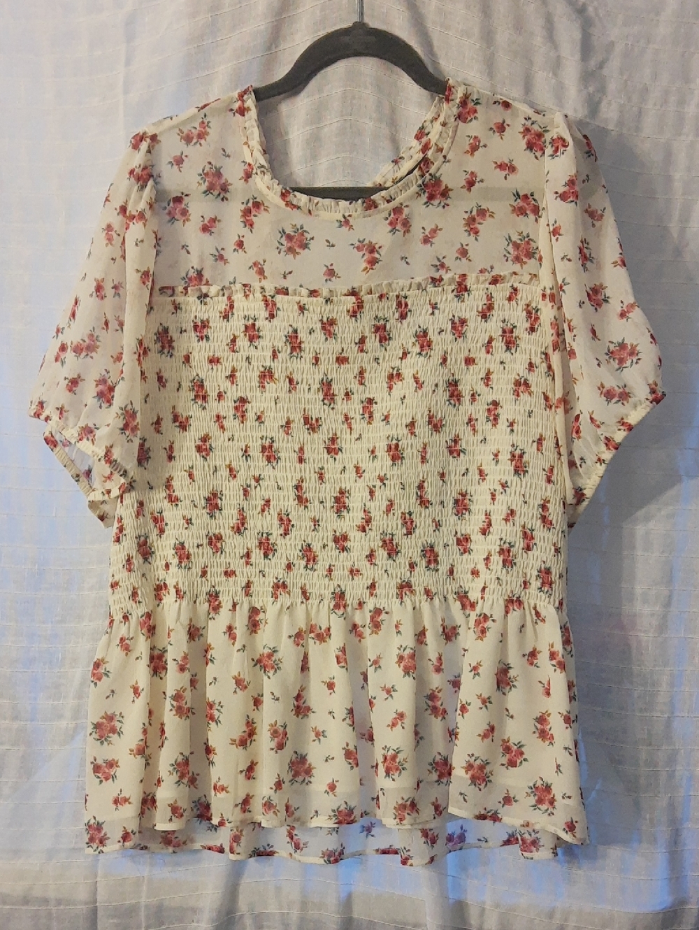 torrid Cream Blouse with Pink & Red Floral Smocking